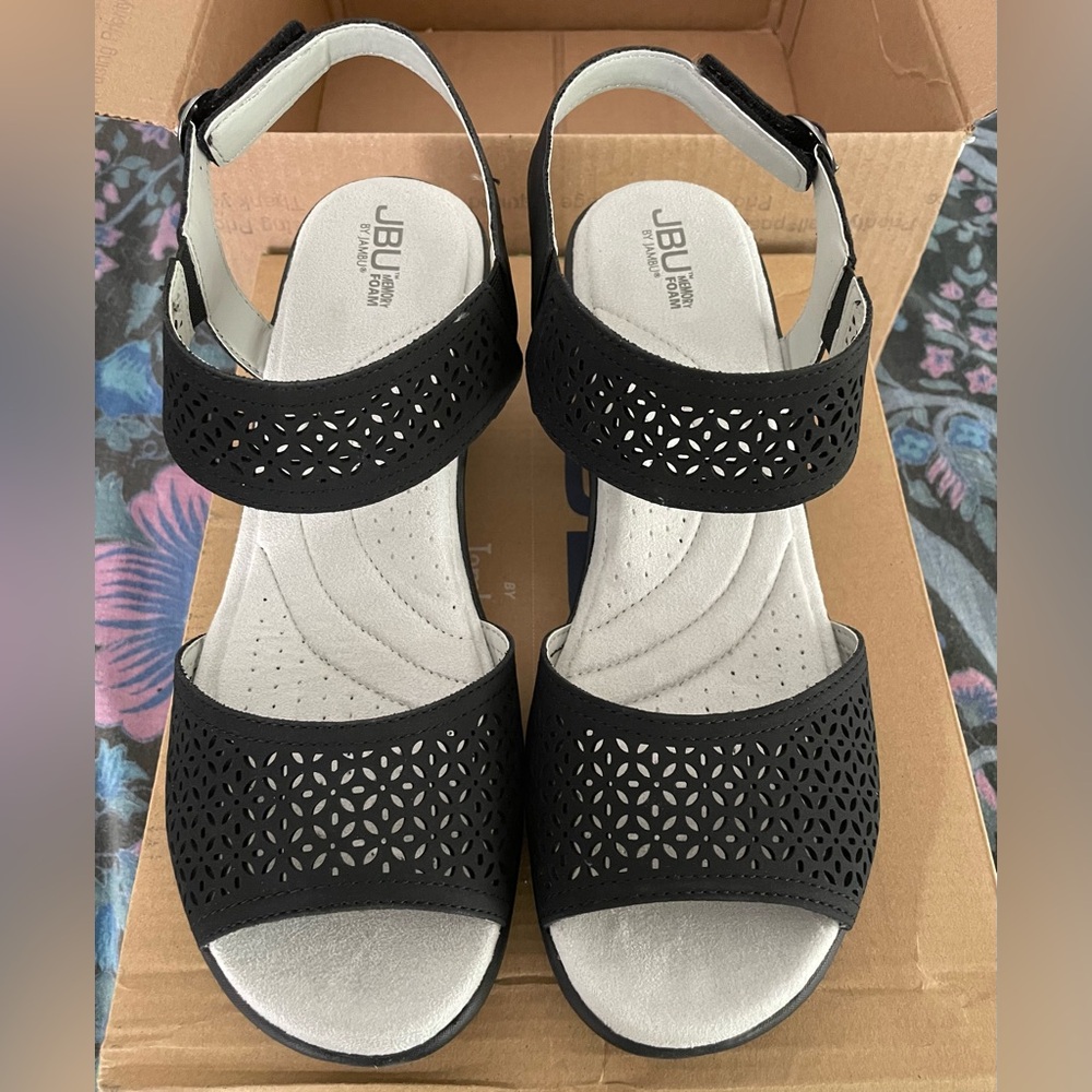 Jambu Black Toledo Wedge Sandals, memory foam and arch support